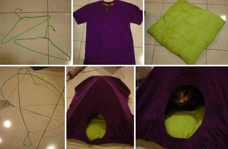 Tolles Katzenversteck aus Kleiderbügeln und t-Shirt